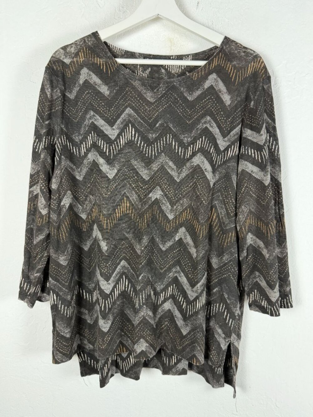 GUDRUN SJODEN Womens Grey Zig Zag Print Linen Top Lagenlook Artsy XL 3/4 Sleeve